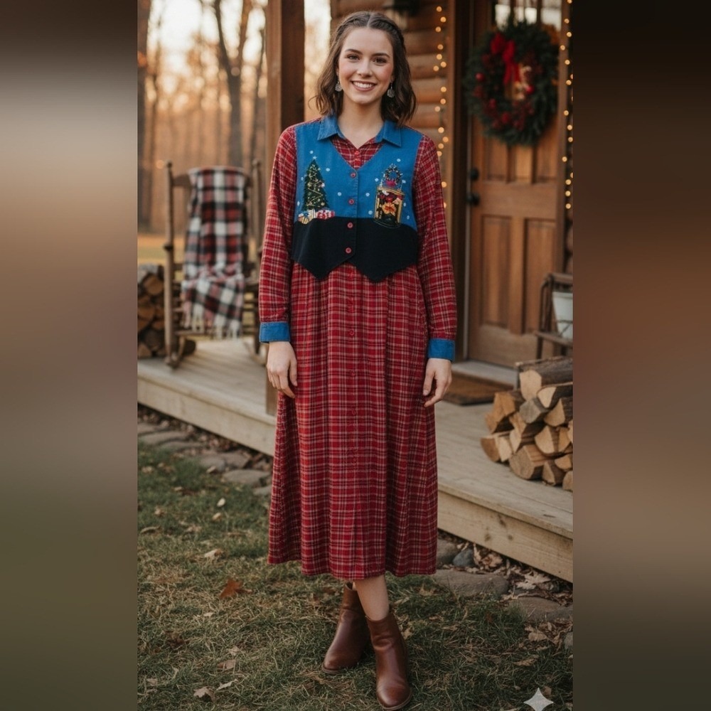Vtg 90s Red Flannel Plaid Midi‎ Maxi Dress Denim Vest Christmas Cottage Modest 8